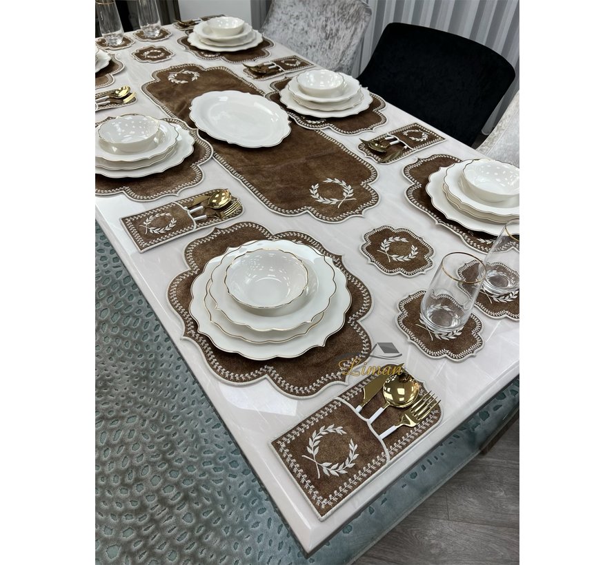 19 Parca Placemat Seti 6 Kisilik Kahve / Beyaz