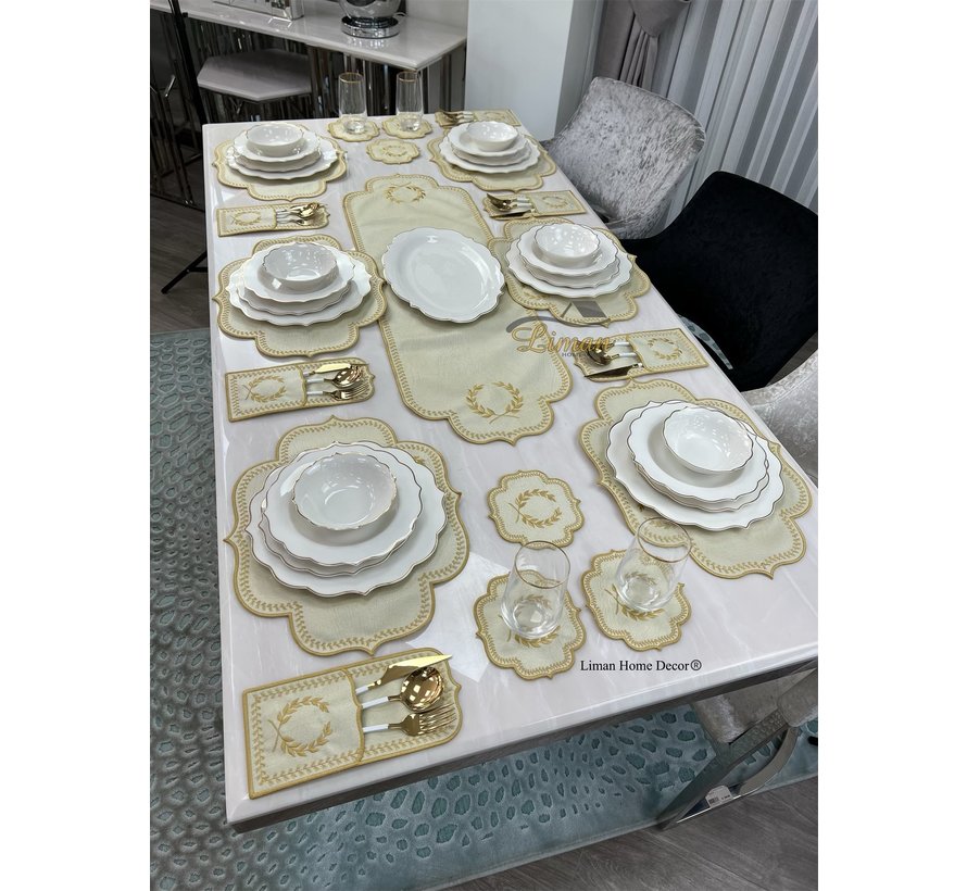 19 Parca Placemat Seti 6 Kisilik Krem Beyaz