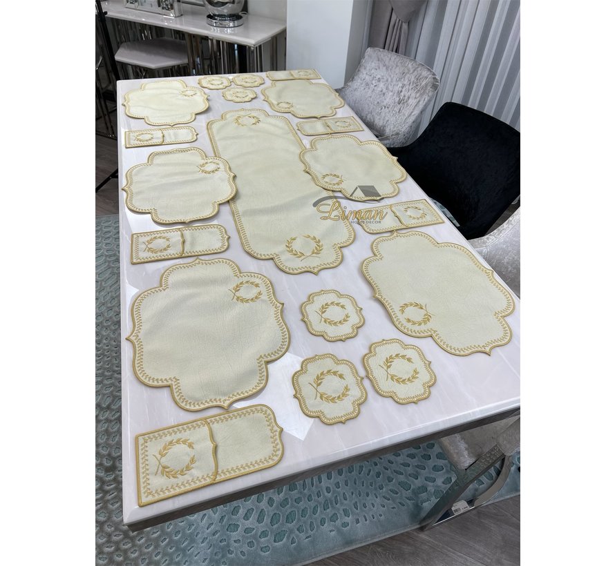 19 Parca Placemat Seti 6 Kisilik Krem Beyaz