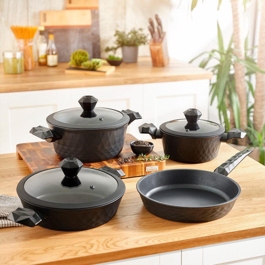 korkmaz Flora 8 Piece Cookware Set Black