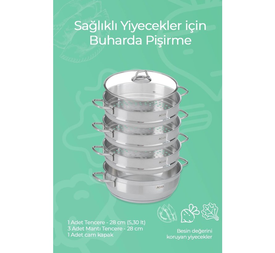 ACR Karat 5 Parça Çelik Mantı Tencere Seti - 28 cm