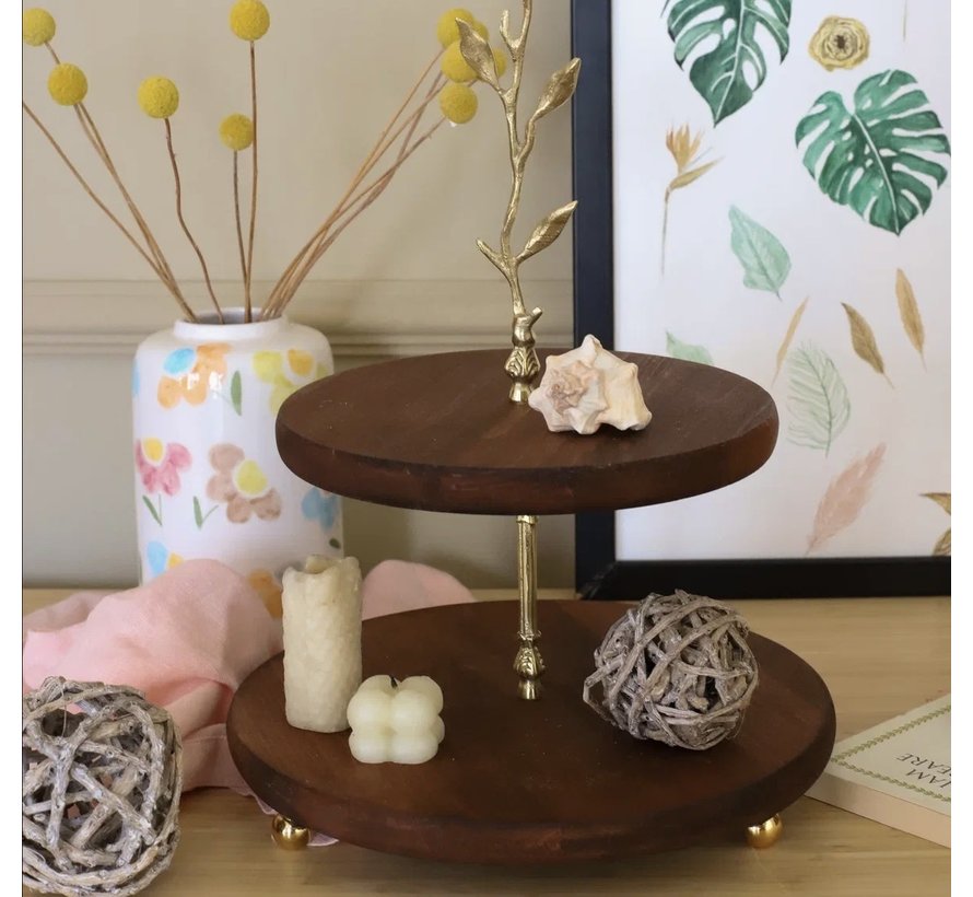 WOODEN GOLDEN BEAD LEG TWO LAYER BRANCH SERVING PLATE