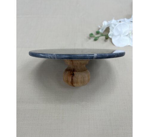 MARBLE 28CM WOODEN LEG BLACK ROUND SERVING PLATE