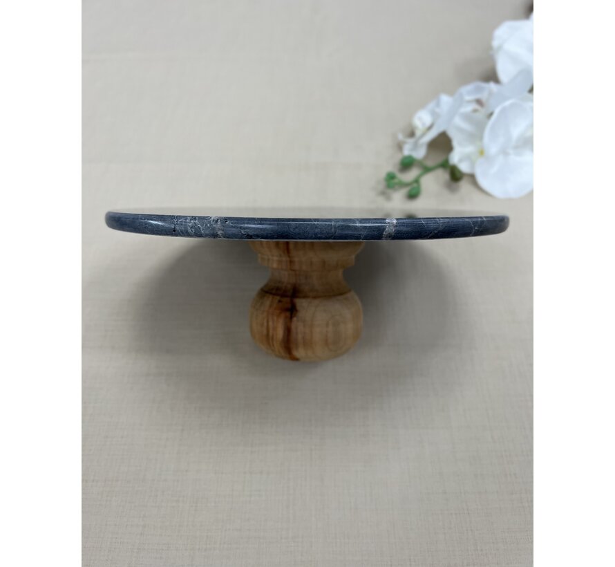 MARBLE 28CM WOODEN LEG BLACK ROUND SERVING PLATE