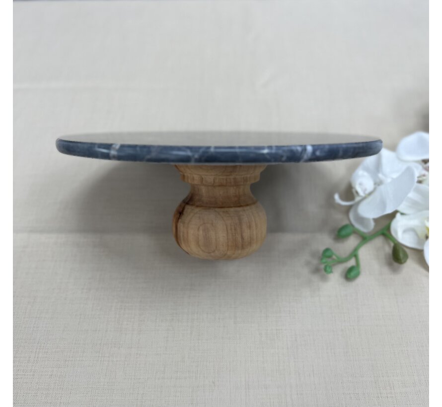 MARBLE 28CM WOODEN LEG BLACK ROUND SERVING PLATE