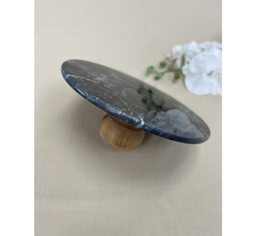 MARBLE 28CM WOODEN LEG BLACK ROUND SERVING PLATE