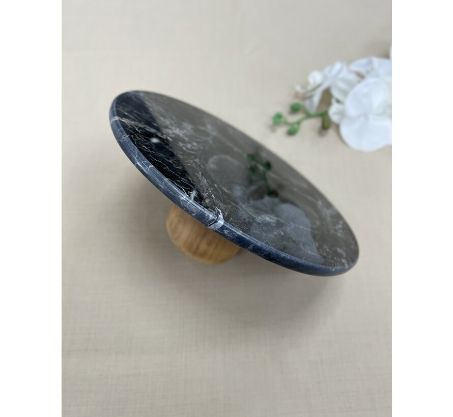 MARBLE 28CM WOODEN LEG BLACK ROUND SERVING PLATE