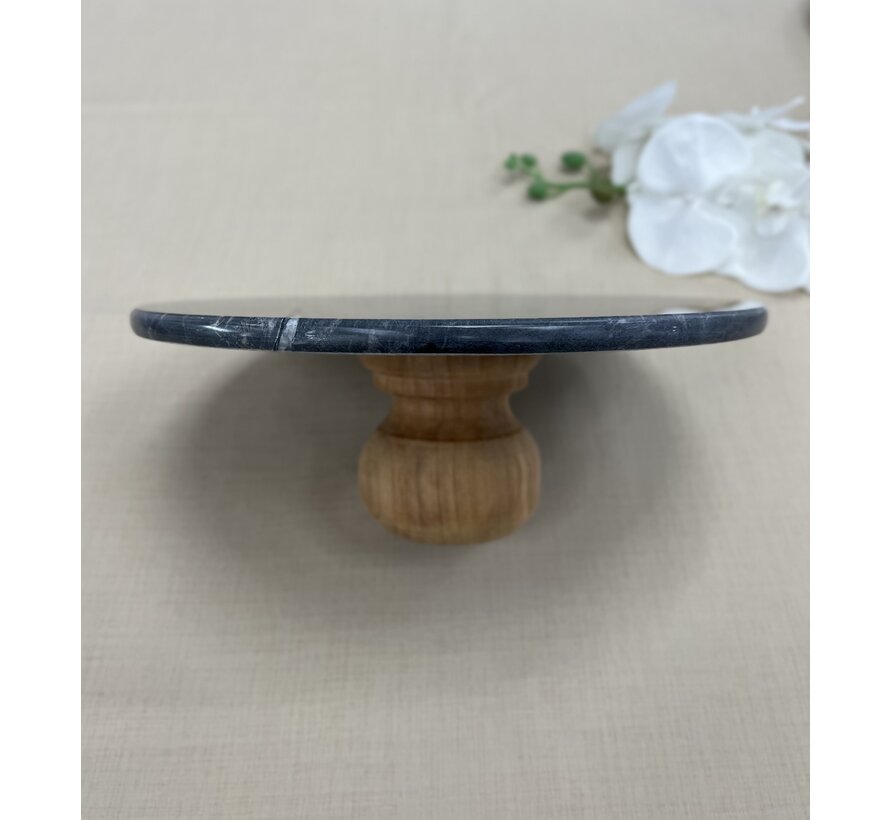 MARBLE 28CM WOODEN LEG BLACK ROUND SERVING PLATE