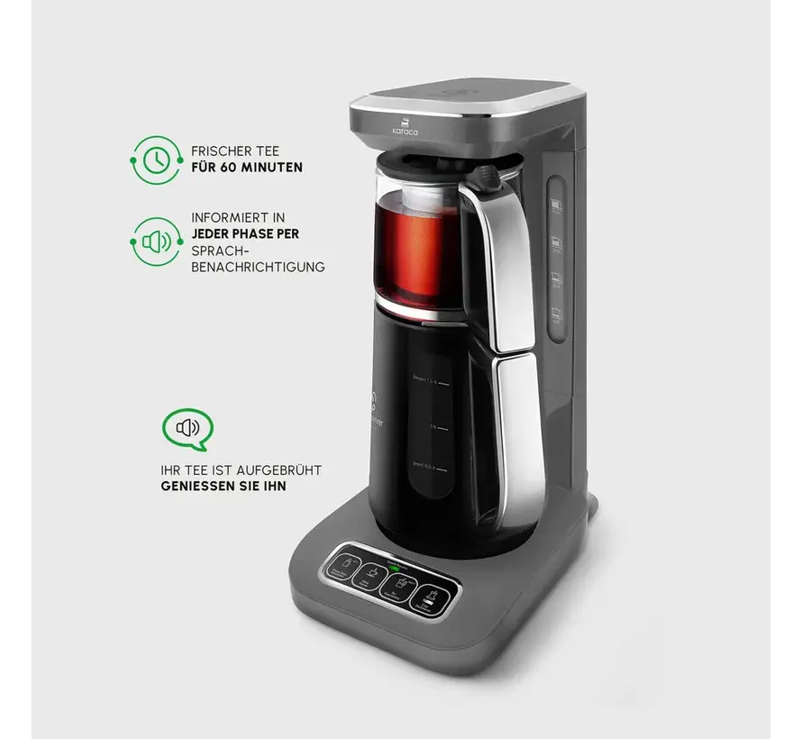 Karaca Caysever Robotea Pro 4 in 1 sprechender automatischer Teekocher Wasserkocher und Filterkaffeemaschine 2500W Space Grau