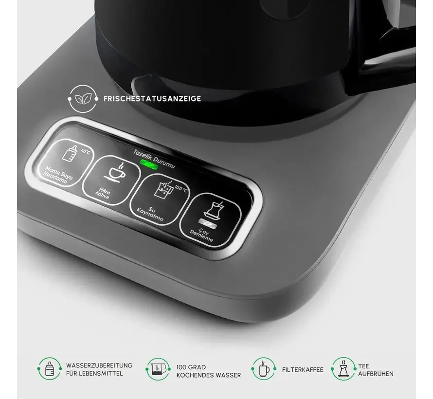 Karaca Çaysever Robotea Pro 4 in 1 Konuşan Otomatik Çay Makinesi Su Isıtıcı ve Filtre Kahve Demleme Makinesi 2500W Space Gray