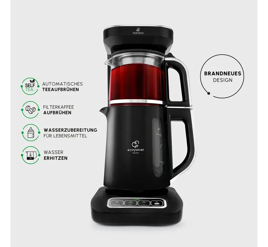 Karaca Çaysever Robotea Pro 4 in 1 Konuşan Otomatik Çay Makinesi Su Isıtıcı ve Filtre Kahve Demleme Makinesi 2500W Chrome - Krom Siyah