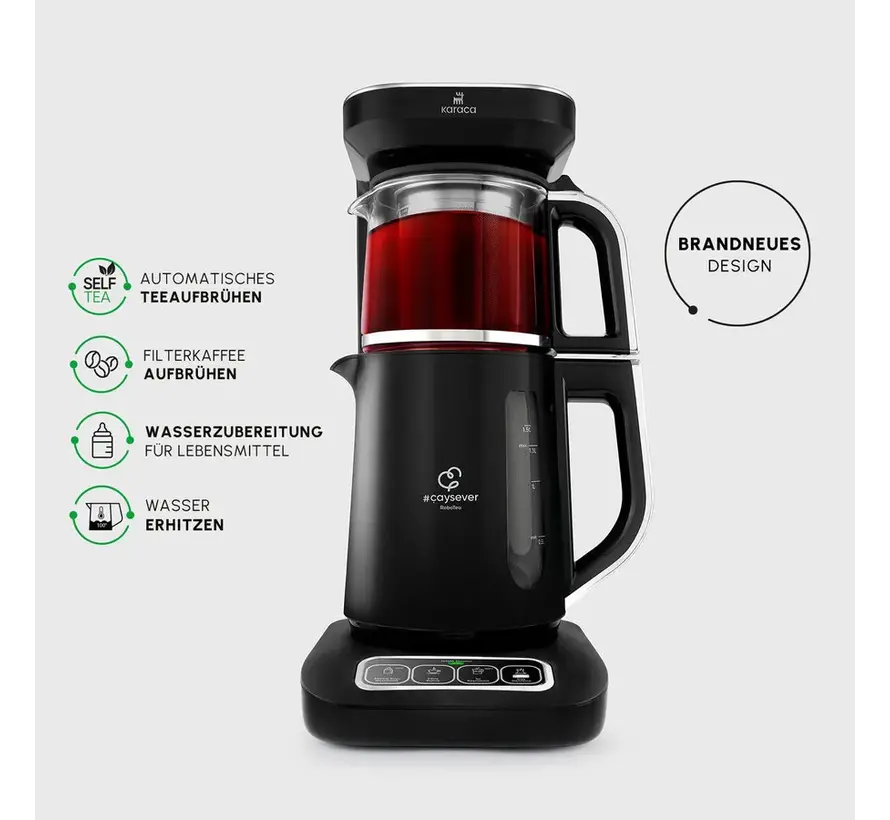 Karaca Caysever Robotea Pro 4 in 1 Talking Automatic Tea Maker Kettle and Filter Coffee Maker 2500W Chrome - Black