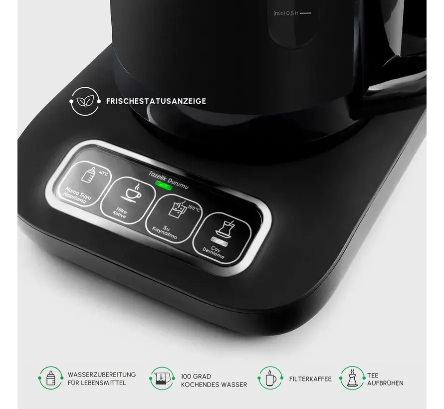 Karaca Çaysever Robotea Pro 4 in 1 Konuşan Otomatik Çay Makinesi Su Isıtıcı ve Filtre Kahve Demleme Makinesi 2500W Chrome - Krom Siyah