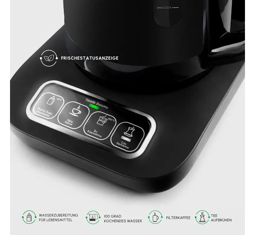 Karaca Caysever Robotea Pro 4 in 1 sprechender automatischer Teekocher Wasserkocher und Filterkaffeemaschine 2500W Chrome - Schwarz