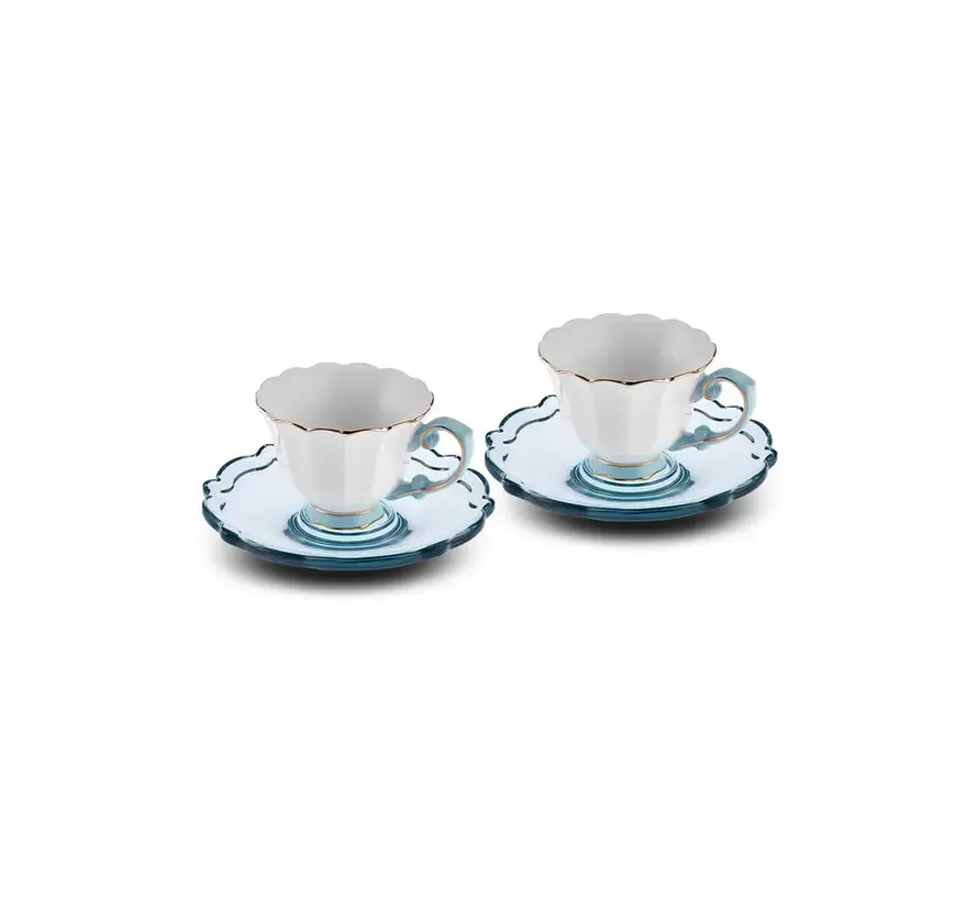 Karaca Samo 2 Person Turquoise Coffee Cup Set with Acrylic Saucer 90 ml