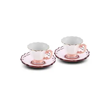 KARACA Karaca Samo 2 Person Pink Coffee Cup Set with Acrylic Saucer 90 ml