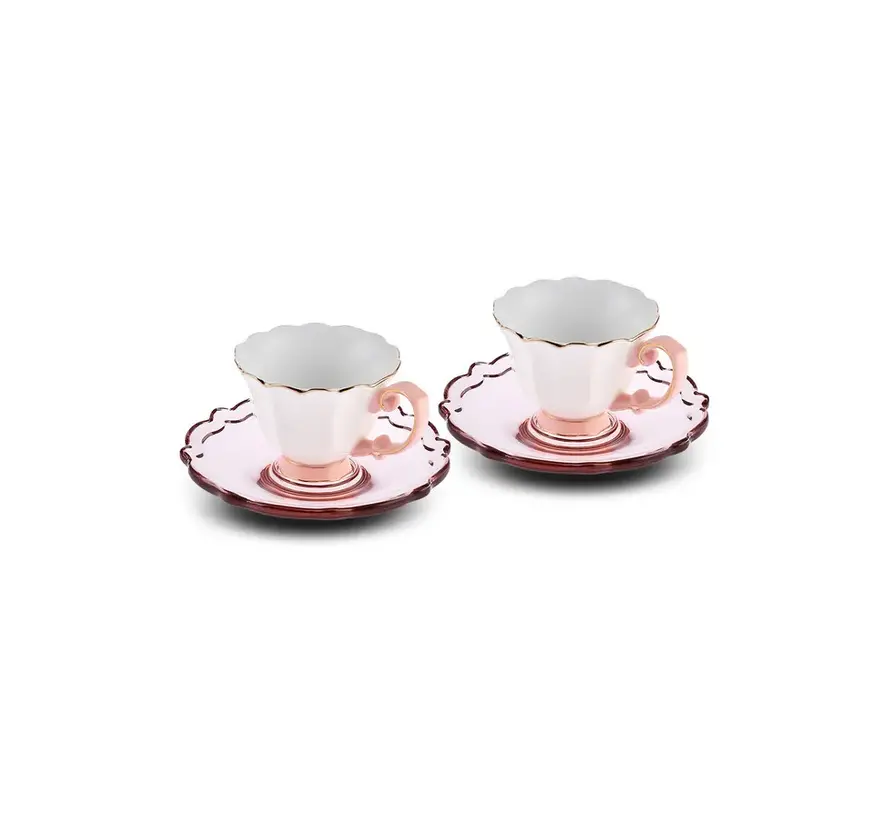 Karaca Samo 2 Person Pink Coffee Cup Set with Acrylic Saucer 90 ml
