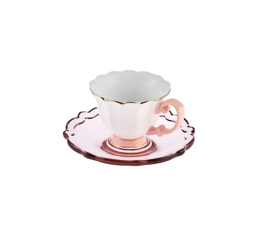 Karaca Samo 2 Person Pink Coffee Cup Set with Acrylic Saucer 90 ml