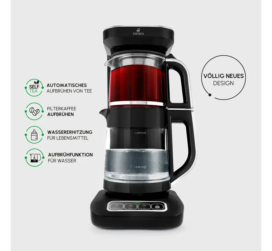 ​Karaca Çaysever Robotea Pro 4 in 1 Sprechende Automatische Glas-Teemaschine, Wasserkocher und Filterkaffeemaschine 2500W Schwarz Chrom