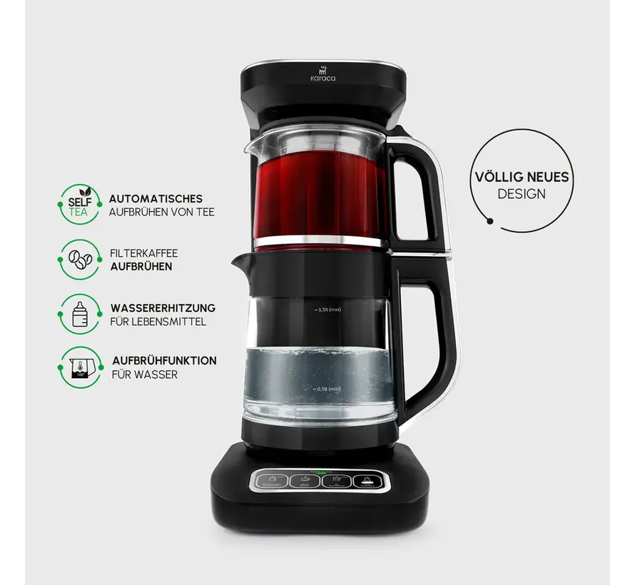 Karaca Çaysever Robotea Pro 4 in 1 Talking Automatic Glass Tea Machine, Water Heater, and Filter Coffee Brewing Machine 2500W Black Chrome