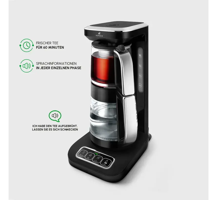 ​Karaca Çaysever Robotea Pro 4 in 1 Sprechende Automatische Glas-Teemaschine, Wasserkocher und Filterkaffeemaschine 2500W Schwarz Chrom