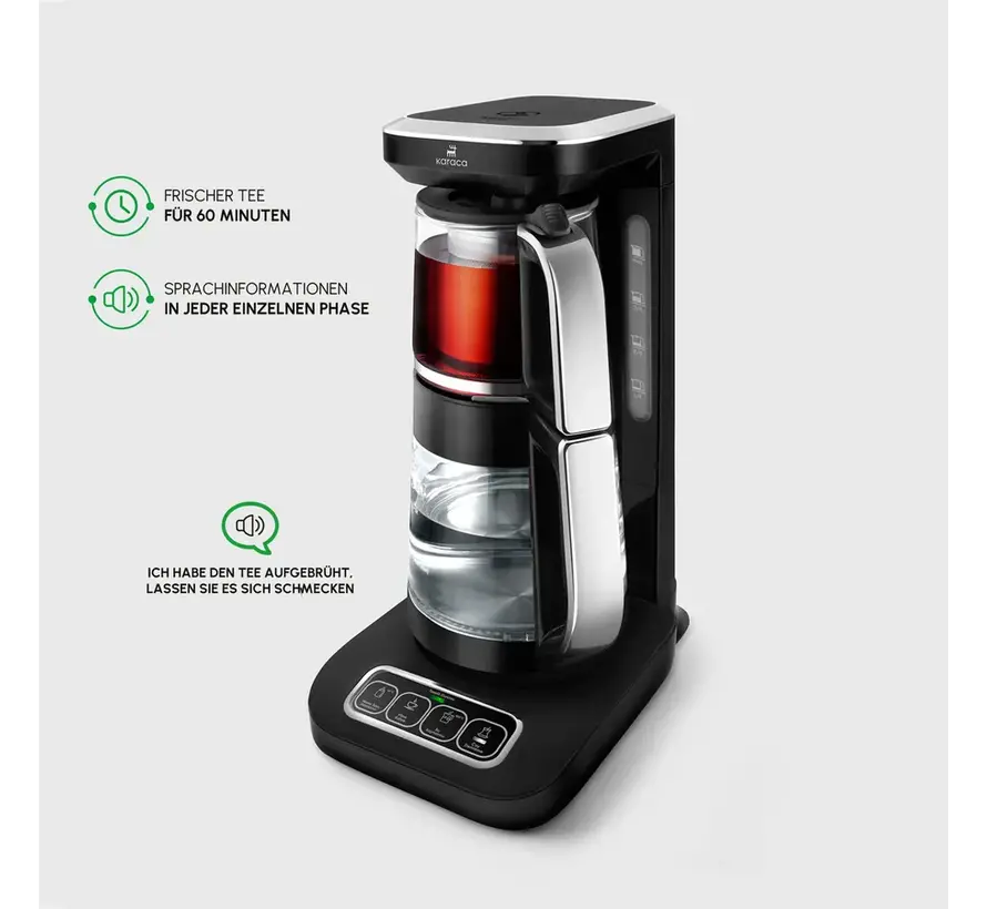 Karaca Çaysever Robotea Pro 4 in 1 Talking Automatic Glass Tea Machine, Water Heater, and Filter Coffee Brewing Machine 2500W Black Chrome