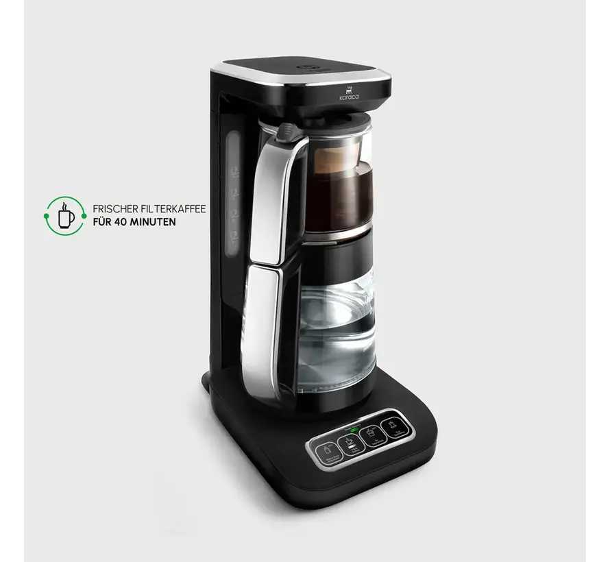 Karaca Çaysever Robotea Pro 4 in 1 Konuşan Otomatik Cam Çay Makinesi Su Isıtıcı ve Filtre Kahve Demleme Makinesi 2500W Black Chrome