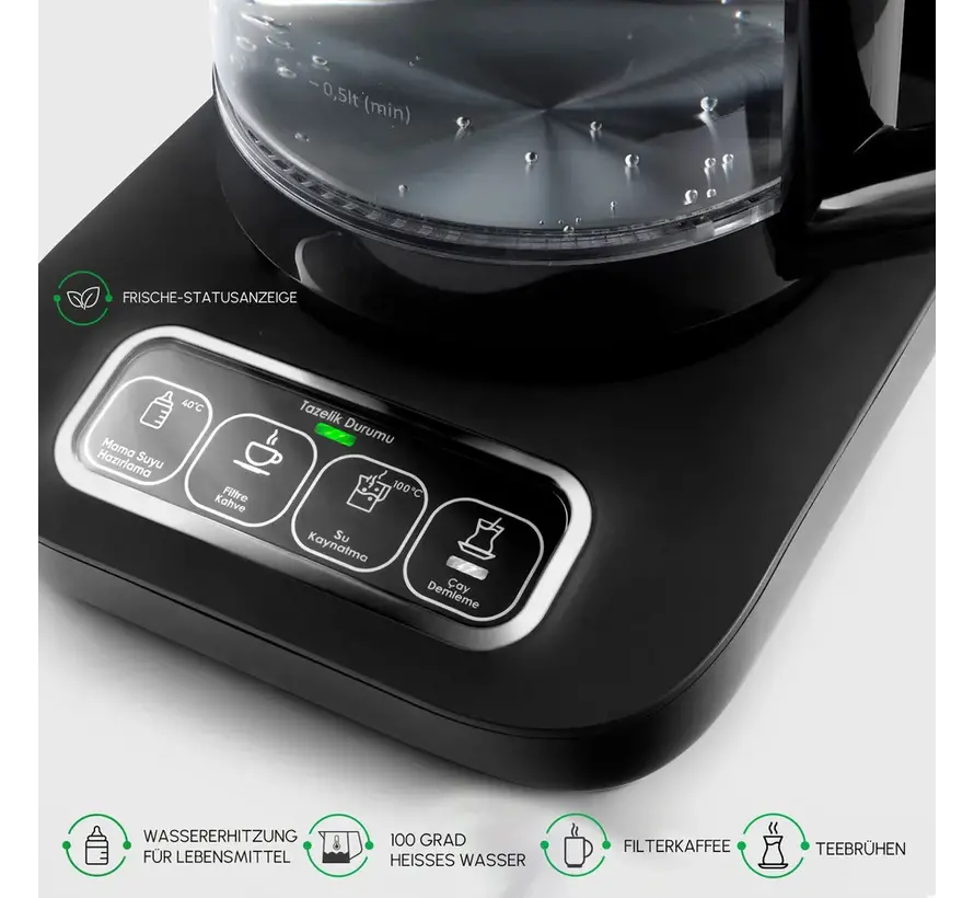 Karaca Çaysever Robotea Pro 4 in 1 Talking Automatic Glass Tea Machine, Water Heater, and Filter Coffee Brewing Machine 2500W Black Chrome