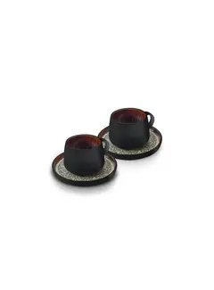 KARACA Karaca Galactic Reactive Glaze Tea Cup and Saucer Set for 2 Person, 4 Piece, Black