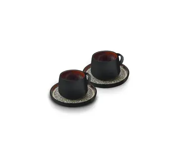 KARACA Karaca Galactic Reactive Glaze Tea Cup and Saucer Set for 2 Person, 4 Piece, Black