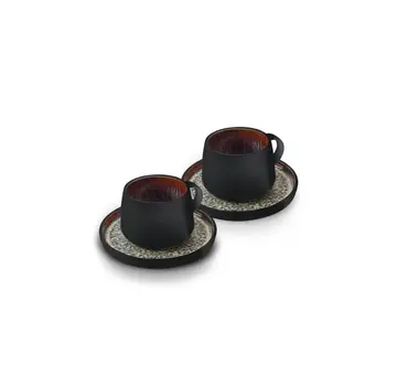 KARACA Karaca Galactic Reactive Glaze Tea Cup and Saucer Set for 2 Person, 4 Piece, Black