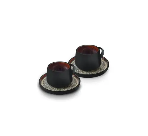 KARACA Karaca Galactic Reactive Glaze Tea Cup and Saucer Set for 2 Person, 4 Piece, Black