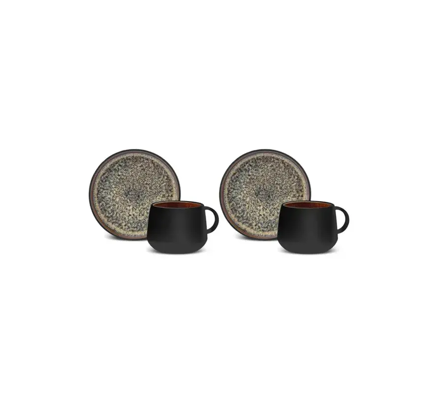 Karaca Galactic Reactive Glaze Tea Cup and Saucer Set for 2 Person, 4 Piece, Black