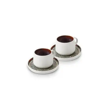 KARACA Karaca Galactic Reactive Glaze Tea Cup and Saucer Set for 2 Person, 4 Piece, 300ml, White