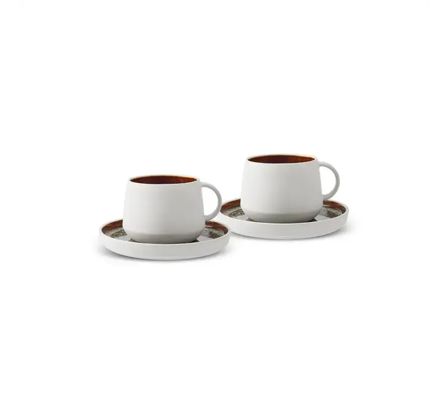 Karaca Galactic Reactive Glaze Tea Cup and Saucer Set for 2 Person, 4 Piece, 300ml, White