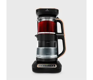 KARACA ​Karaca Çaysever Robotea Pro 4 in 1 Sprechende Automatische Glas-Teemaschine, Wasserkocher und Filterkaffeemaschine 2500W Schwarz Kupfer