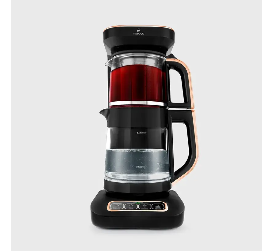 Karaca Çaysever Robotea Pro 4 in 1 Talking Automatic Glass Tea Machine, Water Heater, and Filter Coffee Brewing Machine 2500W Black Copper