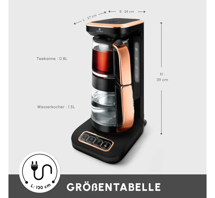 Karaca Çaysever Robotea Pro 4 in 1 Talking Automatic Glass Tea Machine, Water Heater, and Filter Coffee Brewing Machine 2500W Black Copper