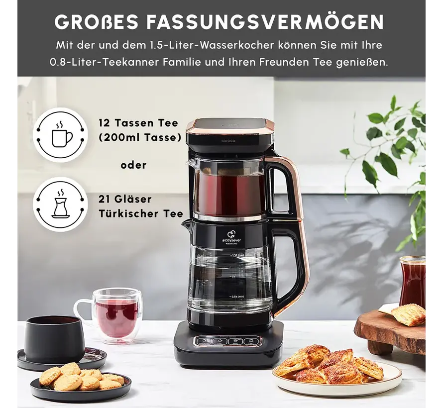 Karaca Çaysever Robotea Pro 4 in 1 Talking Automatic Glass Tea Machine, Water Heater, and Filter Coffee Brewing Machine 2500W Black Copper