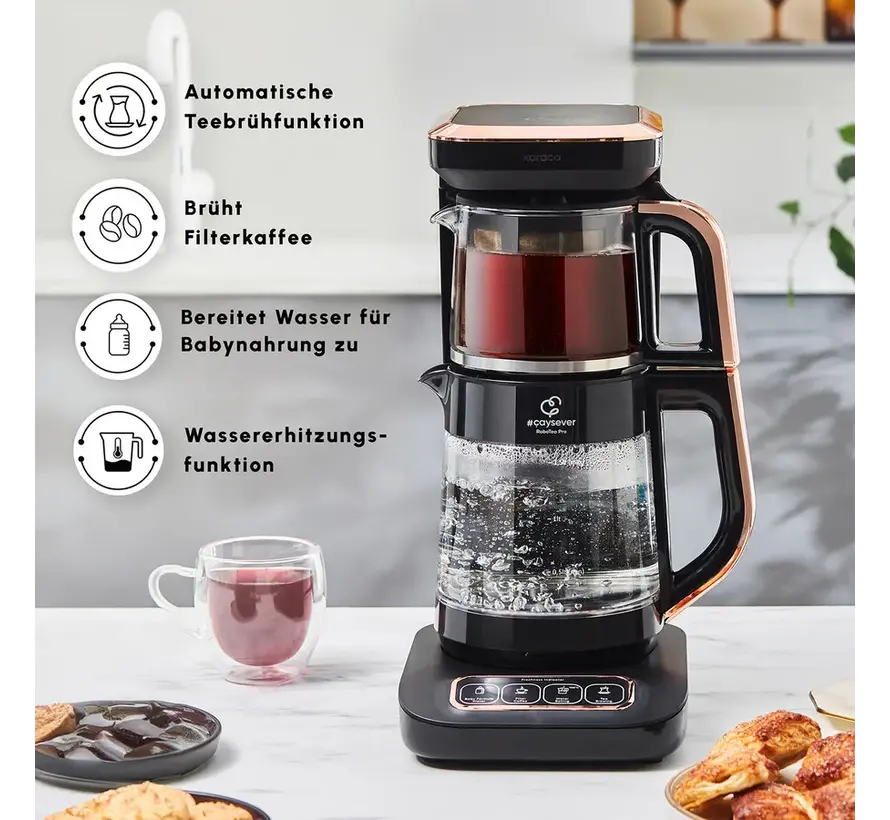Karaca Çaysever Robotea Pro 4 in 1 Talking Automatic Glass Tea Machine, Water Heater, and Filter Coffee Brewing Machine 2500W Black Copper