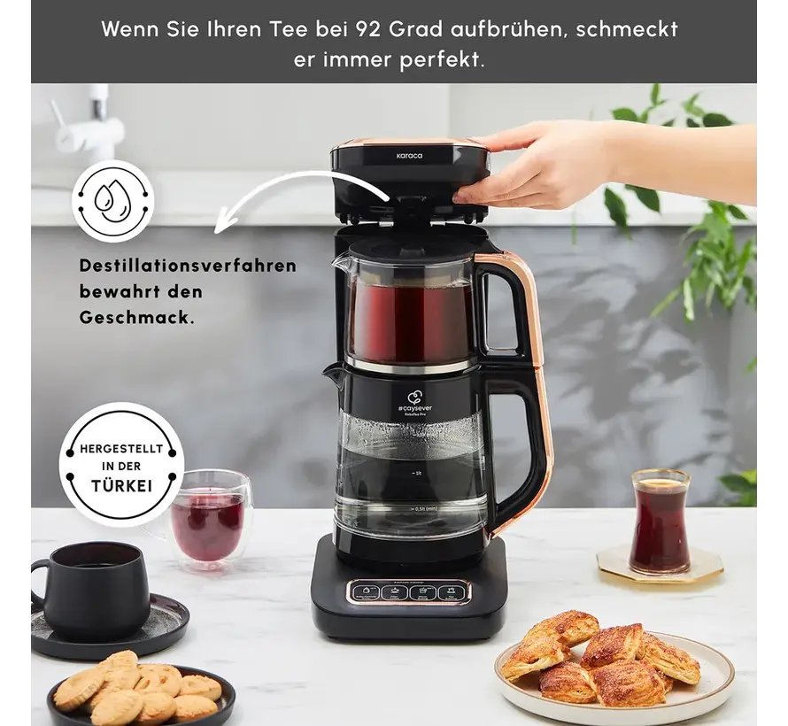Karaca Çaysever Robotea Pro 4 in 1 Talking Automatic Glass Tea Machine, Water Heater, and Filter Coffee Brewing Machine 2500W Black Copper