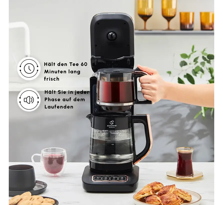 Karaca Çaysever Robotea Pro 4 in 1 Talking Automatic Glass Tea Machine, Water Heater, and Filter Coffee Brewing Machine 2500W Black Copper