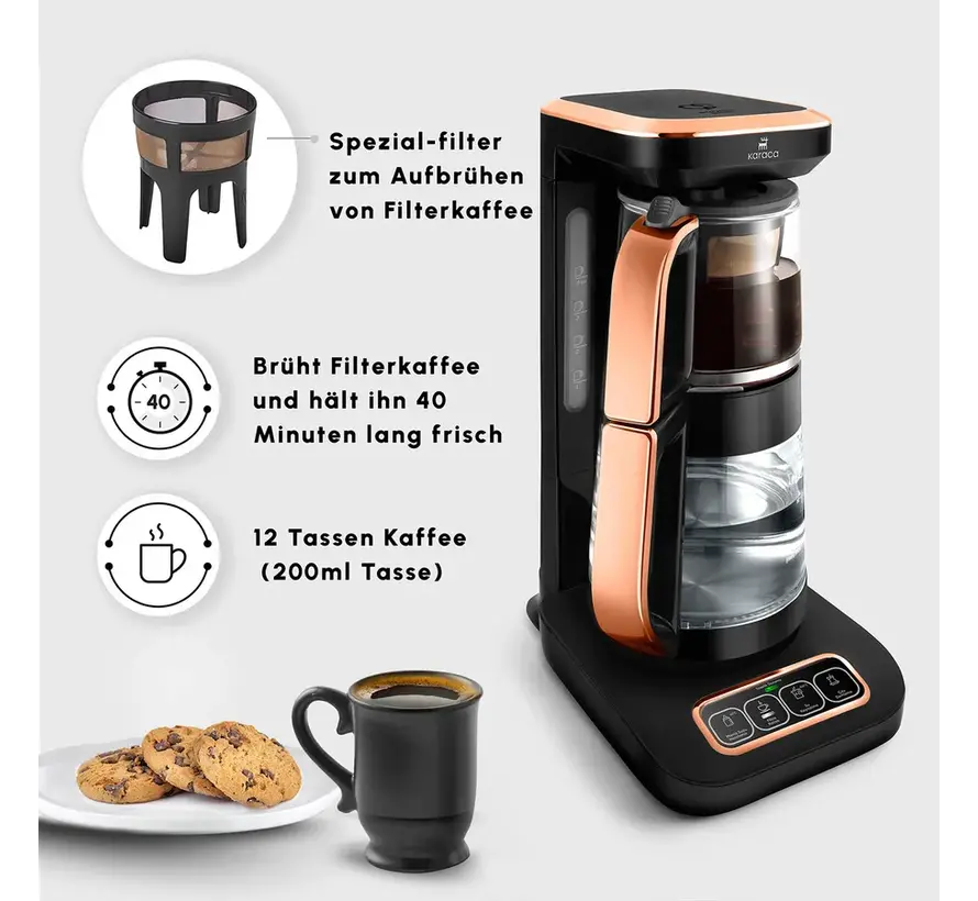 Karaca Çaysever Robotea Pro 4 in 1 Talking Automatic Glass Tea Machine, Water Heater, and Filter Coffee Brewing Machine 2500W Black Copper
