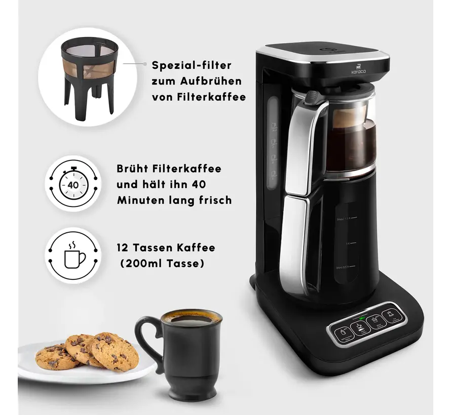 Karaca Caysever Robotea Pro 4 in 1 Talking Automatic Tea Maker Kettle and Filter Coffee Maker 2500W Chrome - Black