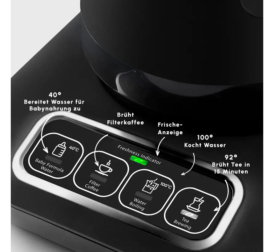 Karaca Caysever Robotea Pro 4 in 1 Talking Automatic Tea Maker Kettle and Filter Coffee Maker 2500W Chrome - Black