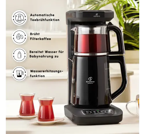 KARACA Karaca Caysever Robotea Pro 4 in 1 Talking Automatic Tea Maker Kettle and Filter Coffee Maker 2500W Chrome - Black