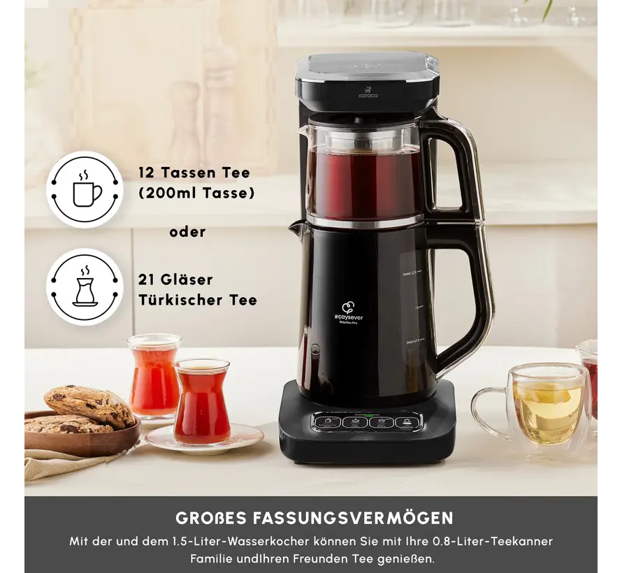 Karaca Caysever Robotea Pro 4 in 1 Talking Automatic Tea Maker Kettle and Filter Coffee Maker 2500W Chrome - Black