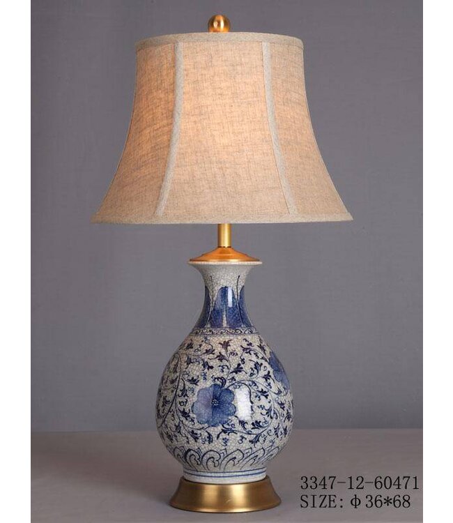 Chinese Table Lamp Porcelain Blue Flowers Craquelure D36xH68cm