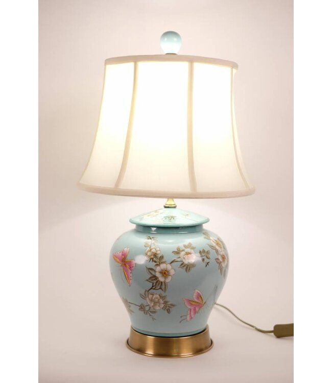 Chinese tafellamp Porselein Turquoise Handbeschilderd Bloesems D35xH63cm