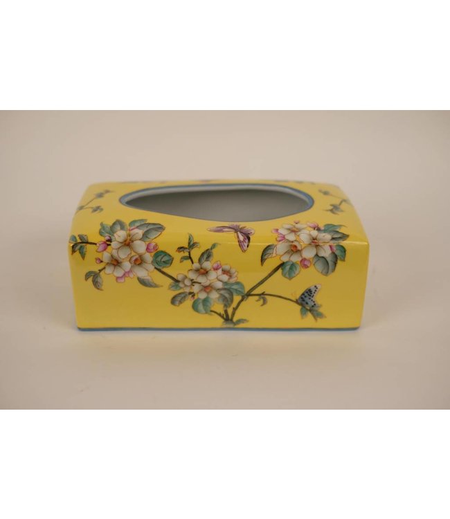 Boîte de Mouchoirs Chinoise Porcelaine Jaune Fleurs L23xP9xH14cm